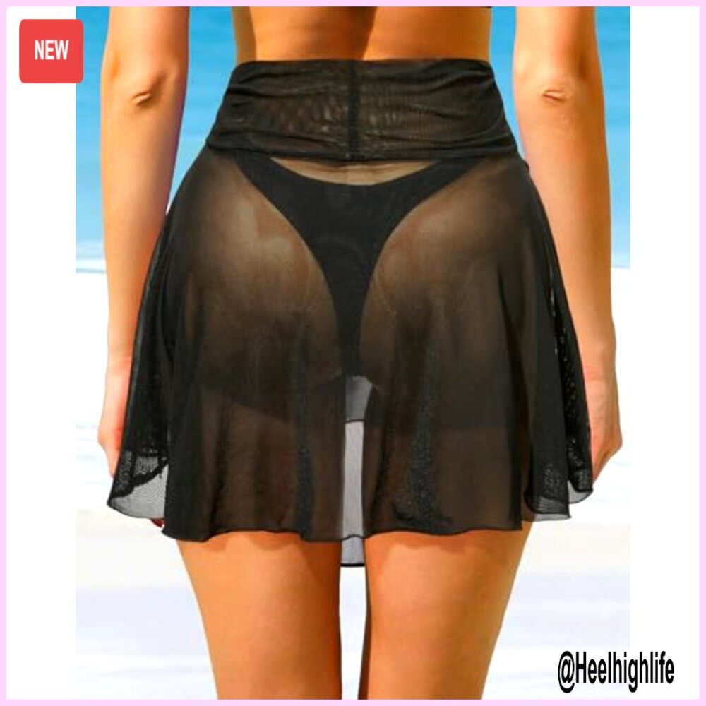 Sheer Mesh High Waisted Skirt Cover Up Nylon Spandex Swim Beach - Picture 2 of 6